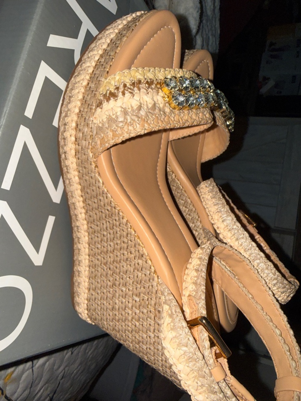 Braided Tan Wedge Sandals with Crystal Strap - Picture 2 of 12